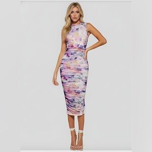 LAST ONE 🔥 Floral Print Ruched Bodycon Mesh Dress